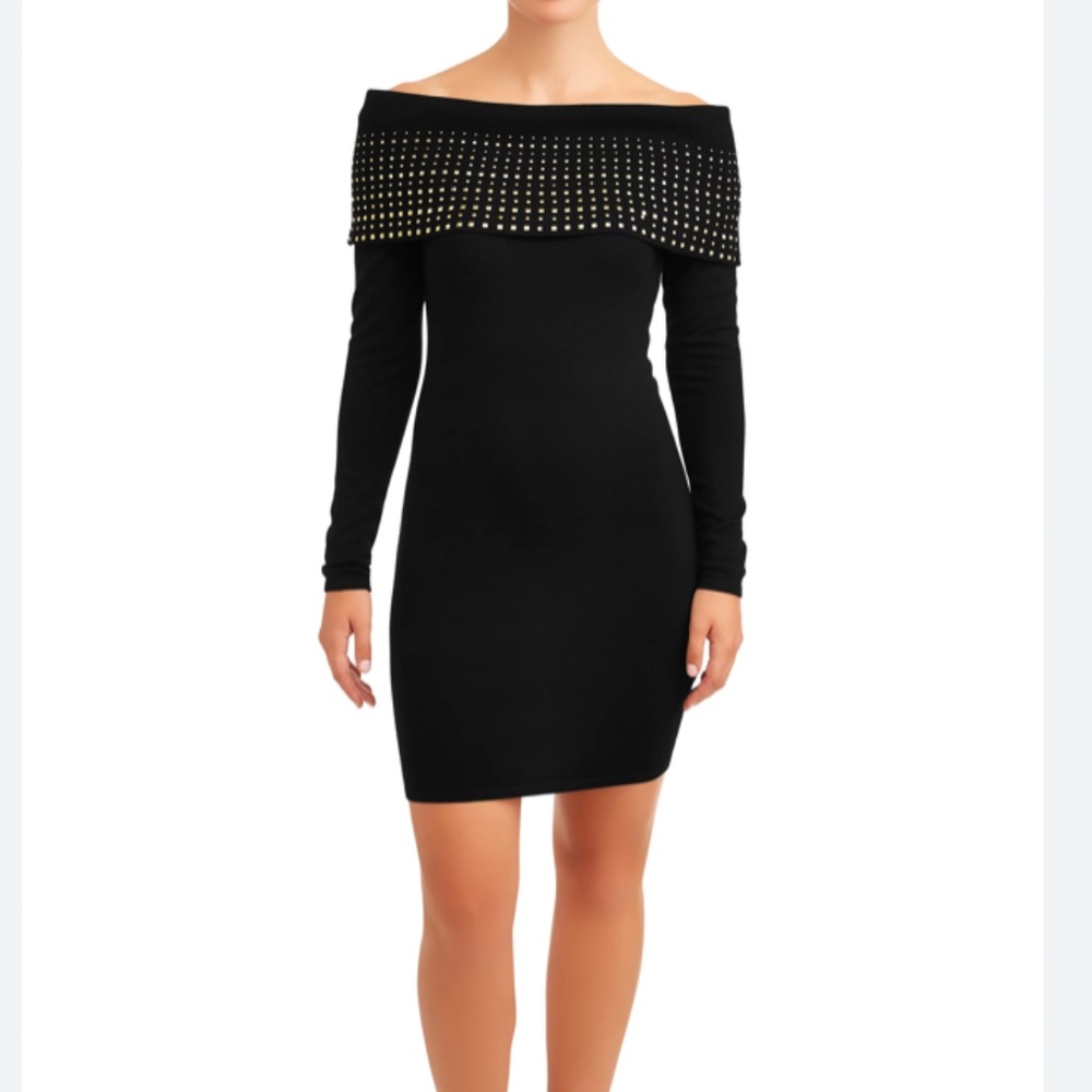 Say What? Juniors Off the Shoulder Sweater Dress with studs